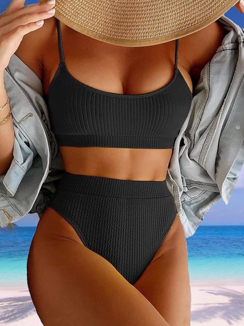 Ribbed Black High-Waist Bikini Set - Women